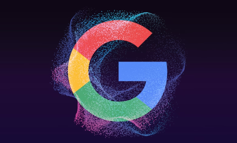 Google's logo rendered in multicolored particles, swirling on a dark background.