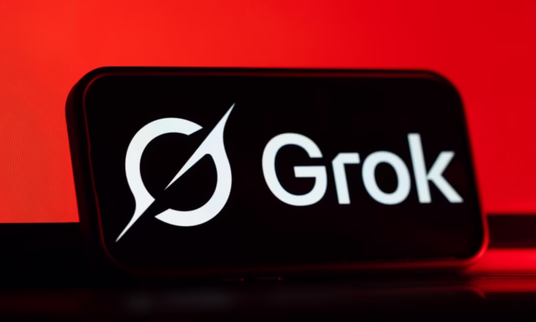 Grok logo displayed on a smartphone screen against a red background.
