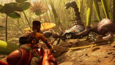 A young boy rides a large insect, facing a giant scorpion in a whimsical, overgrown garden setting.