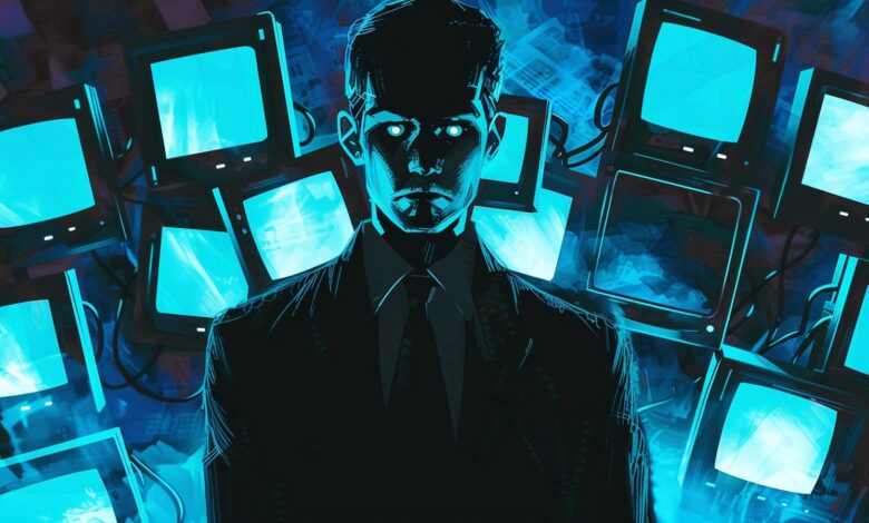 A man in a suit stands before a wall of glowing blue computer screens, creating a mysterious and technological atmosphere.