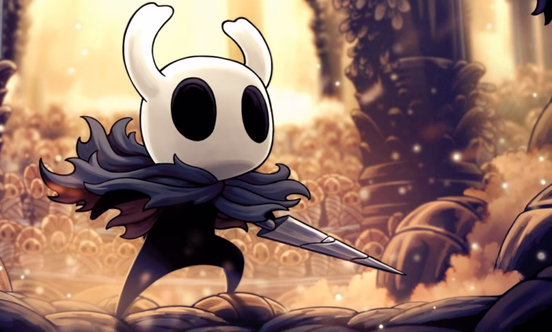 The Knight from Hollow Knight video game, wielding a nail weapon, stands in a dimly lit, ancient-looking environment.