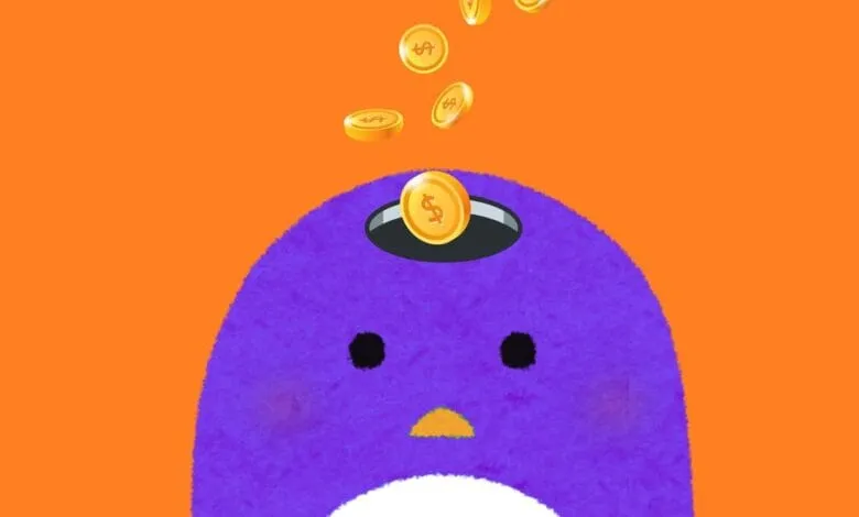 Purple penguin with a hole on its head where gold coins with dollar signs are falling into.