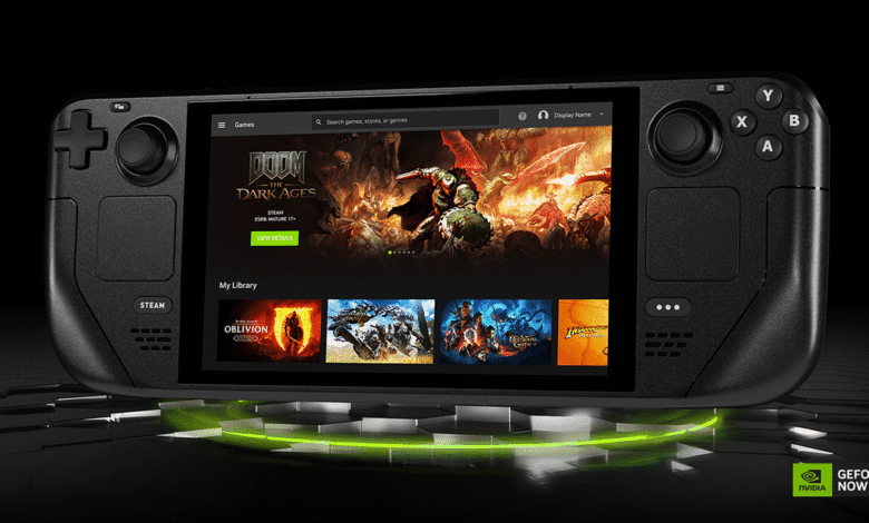 A sleek black handheld gaming device displays a Steam library featuring games like Doom Eternal and Oblivion. A vibrant green light glows beneath it.
