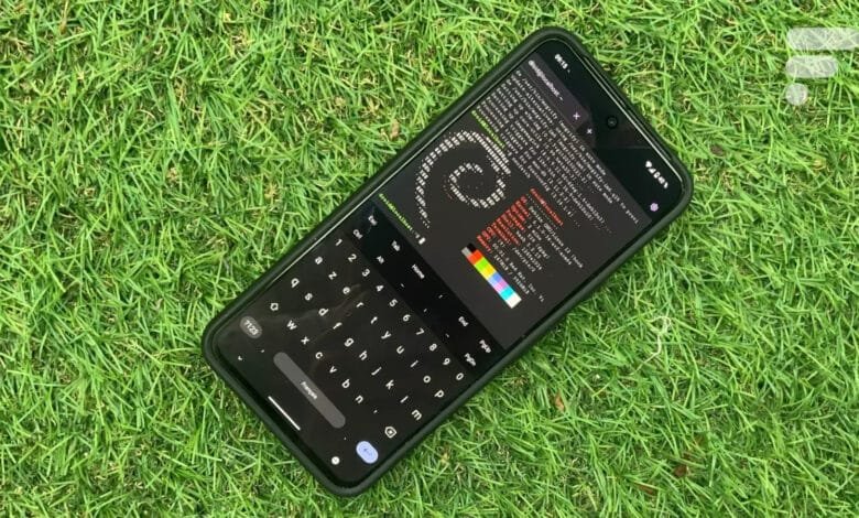 Smartphone displaying Linux terminal code on a green grassy background.