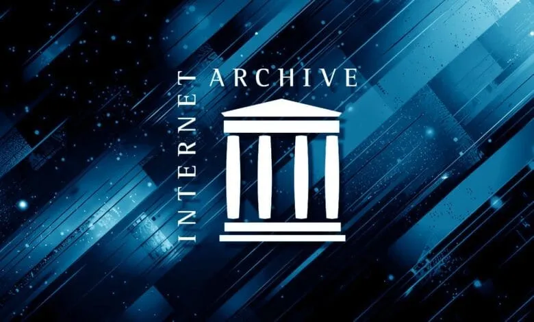 Internet Archive logo: white temple icon on a dark blue, dynamic background with diagonal lines and light speckles.