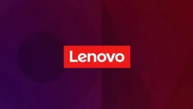 Lenovo logo in white on a red rectangle against a dark purple background.