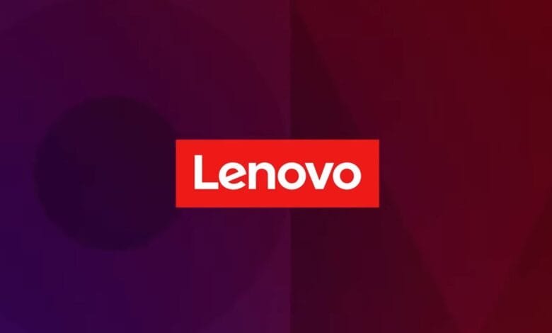Lenovo logo in white on a red rectangle against a dark purple background.