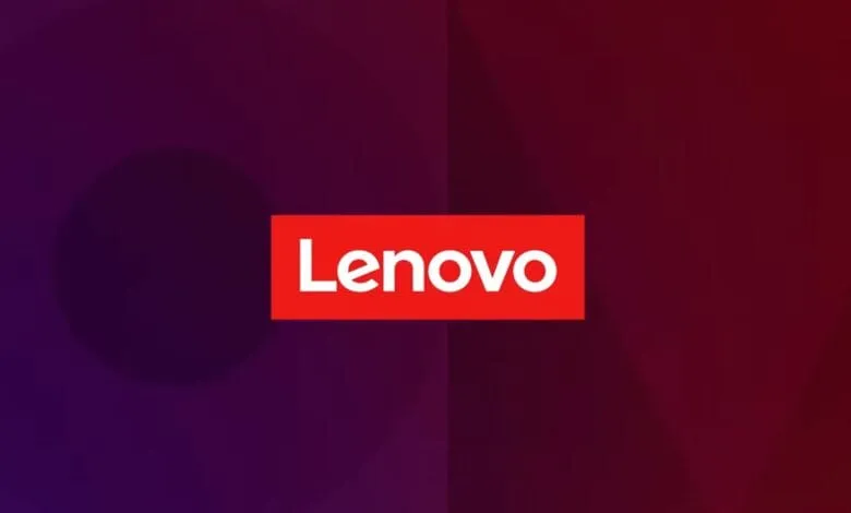 Lenovo logo in white on a red rectangle against a dark purple background.