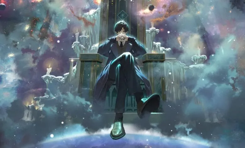 A man in a suit sits on a throne above a cloudy planet, surrounded by a cosmic backdrop of nebulae and stars.