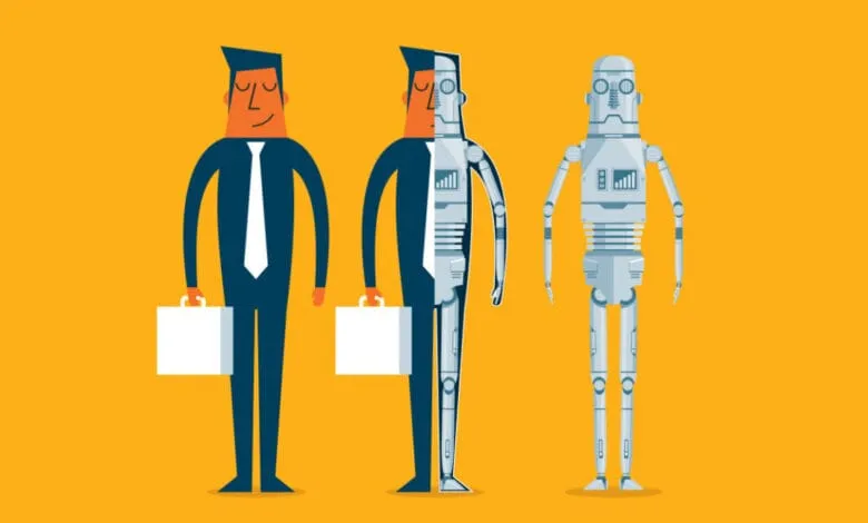 Illustration: Businessman transforming into robot, symbolizing automation.