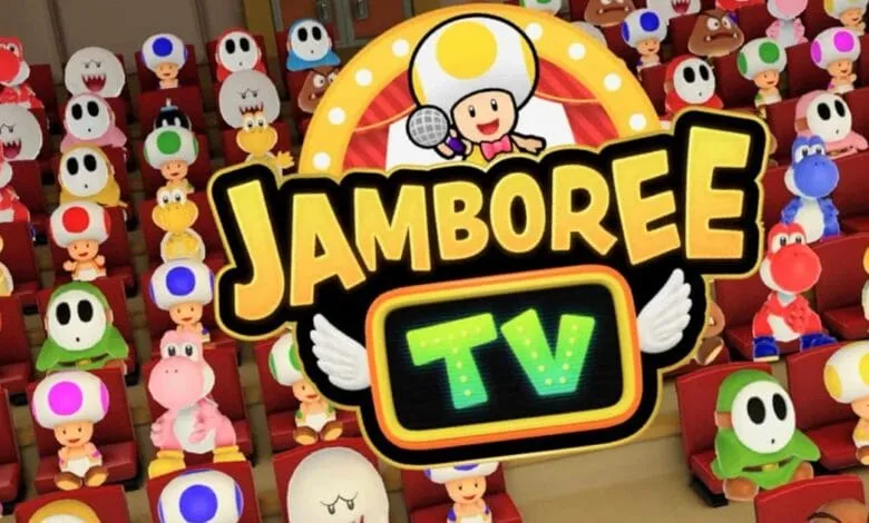 A lively Jamboree TV show featuring various Super Mario characters in a theater audience, with a central stage and bright colors.
