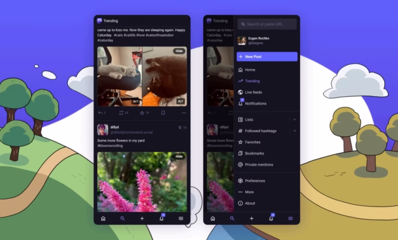 Screenshots of the Mastodon app showcasing trending posts, including cats and flowers, alongside the app's navigation menu.