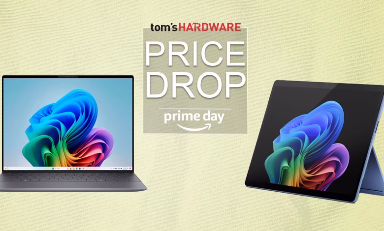 Laptop and tablet with colorful abstract backgrounds on sale for Prime Day.