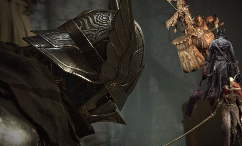 A detailed close-up of an armored figure in a dark fantasy setting, facing away from the viewer. Other figures, seemingly from a video game, hover in the background.