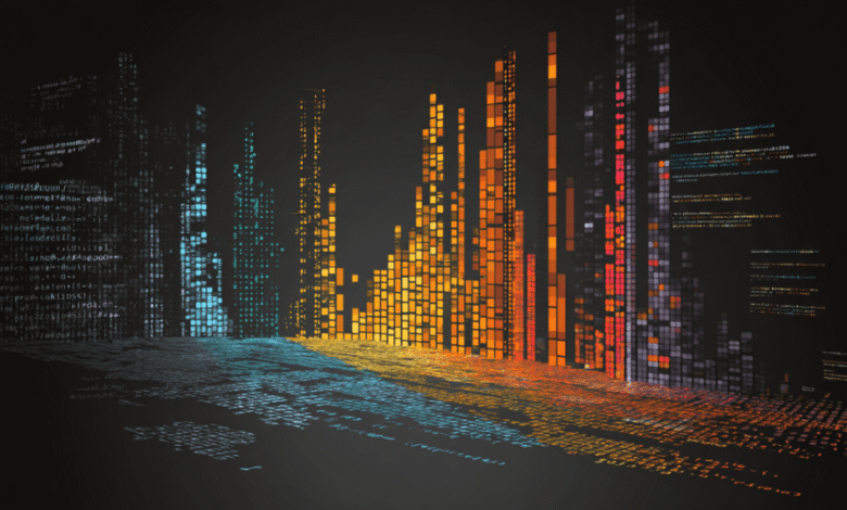 Abstract visualization of code transforming into charts, with teal, orange, and red hues representing data flow.