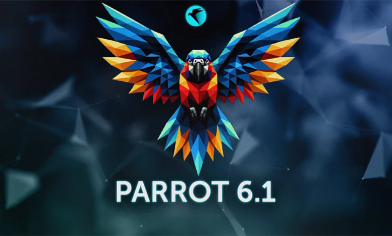 A vibrant, low-poly parrot with outstretched wings against a dark teal background. PARROT 6.1 is displayed below.