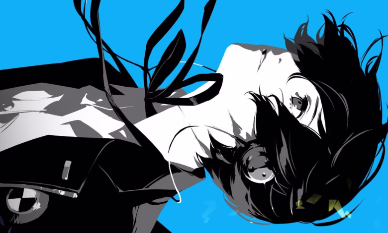 Stylized anime character, black and white, against a bright blue background, appears to be floating, wearing headphones.