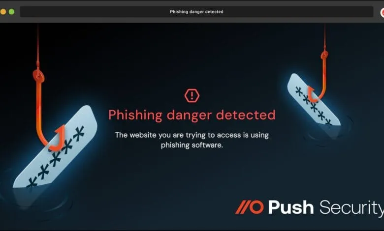 A dark-themed webpage warns of phishing danger, showing a password being hooked like bait. IO Push Security logo is visible.
