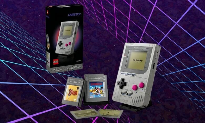 LEGO Nintendo Game Boy model with box and game cartridges, set against a vibrant 80s-style grid background.