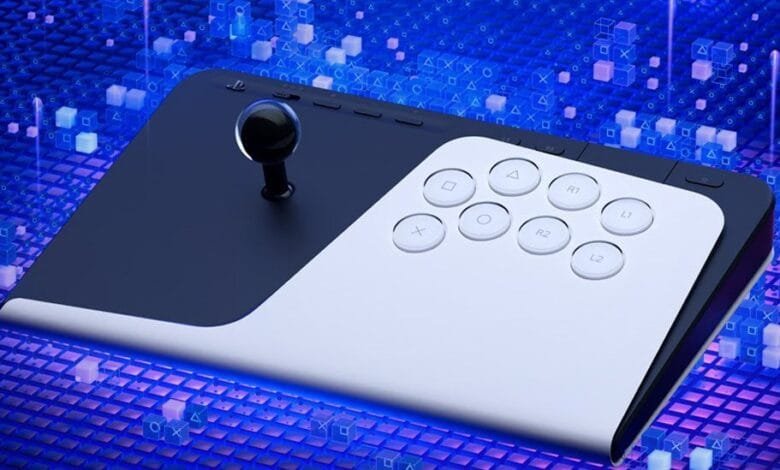 A sleek, modern PlayStation fighting stick rests on a grid of glowing blue and purple data cubes.