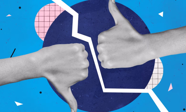 Two hands, one giving a thumbs up, the other a thumbs down, set against a vibrant blue and navy background with geometric shapes.