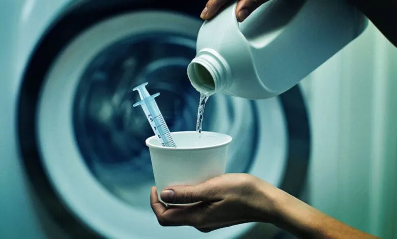 Bleach is poured from a bottle into a small cup, with a syringe resting beside it, against a blurred washing machine background.