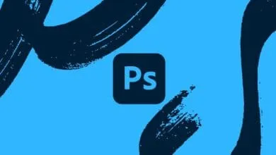 Adobe Photoshop logo with dark blue brushstrokes on a bright blue background.