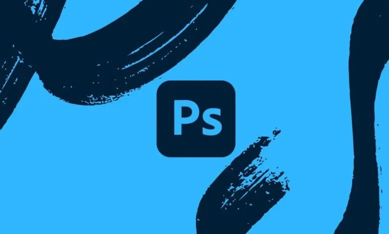 Adobe Photoshop logo with dark blue brushstrokes on a bright blue background.