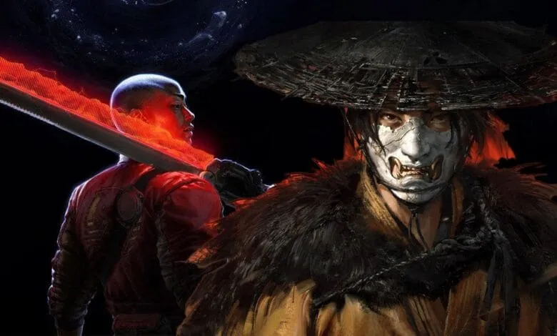 A striking artwork features two figures: a futuristic warrior with a glowing red blade and a samurai in a traditional oni mask.