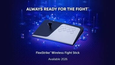 A sleek, wireless fighting stick for gaming, poised on a dark blue grid background. Available in 2026.