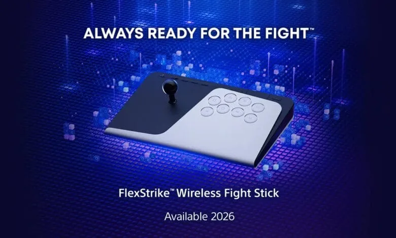 A sleek, wireless fighting stick for gaming, poised on a dark blue grid background. Available in 2026.