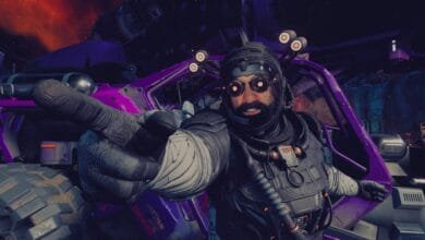 Close-up selfie of a video game character in futuristic gear, pointing at the viewer. Purple vehicle in background.