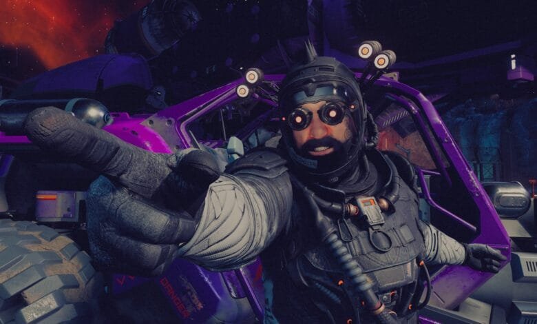 Close-up selfie of a video game character in futuristic gear, pointing at the viewer. Purple vehicle in background.