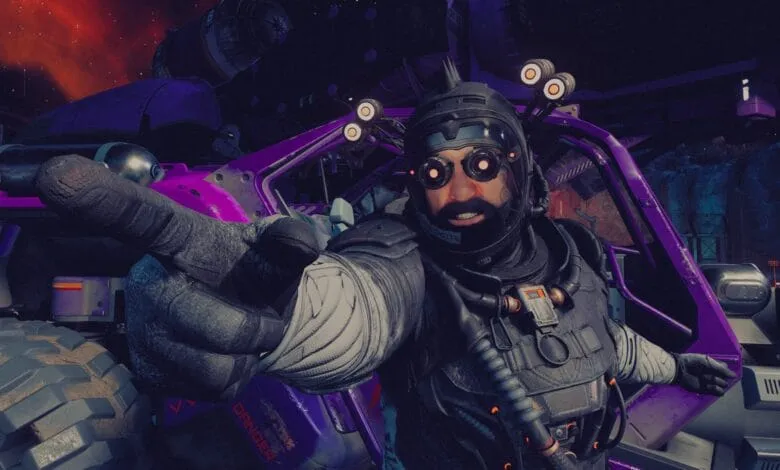 Close-up selfie of a video game character in futuristic gear, pointing at the viewer. Purple vehicle in background.