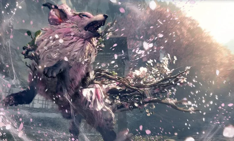 A pink, wolf-like creature leaps through a blizzard of cherry blossoms, its fur flowing in the wind.