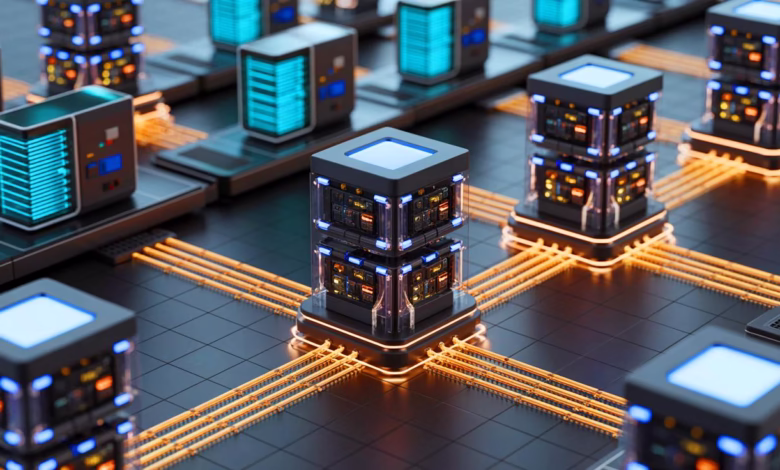 Futuristic server network: interconnected glowing cubes on a dark surface, representing advanced computing technology.