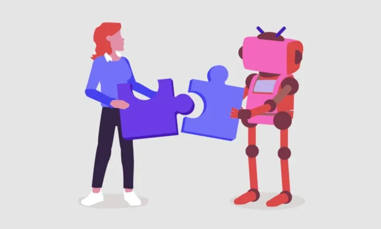 Woman and robot collaborate, connecting puzzle pieces. Symbolizing human-AI teamwork.