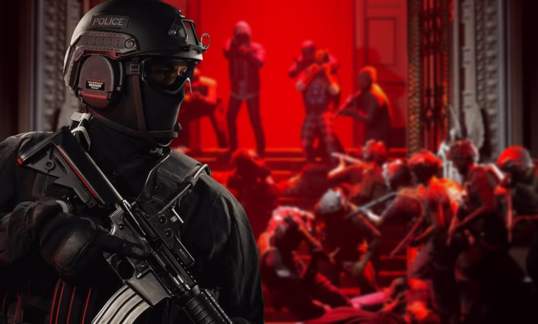 A SWAT officer in full gear, rifle at the ready, stands in the foreground against a backdrop of a chaotic, bloody scene.