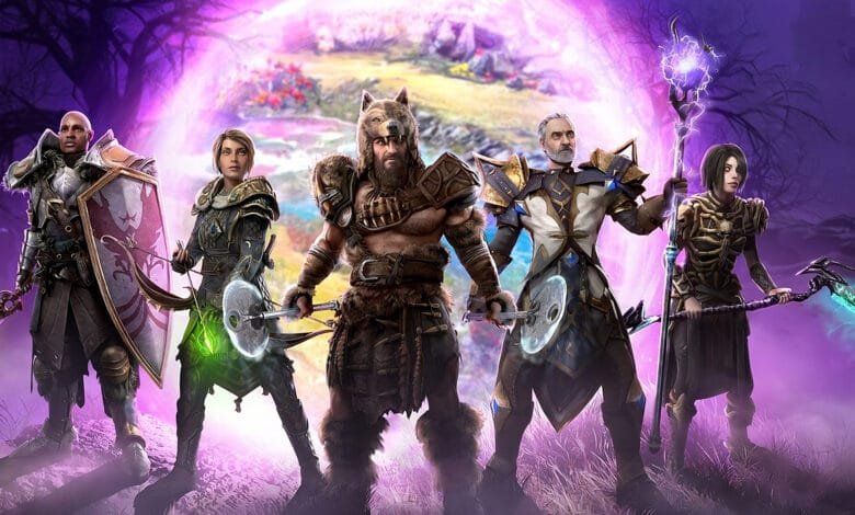Five fantasy characters stand before a purple portal: knight, archer, warrior, mage, necromancer.