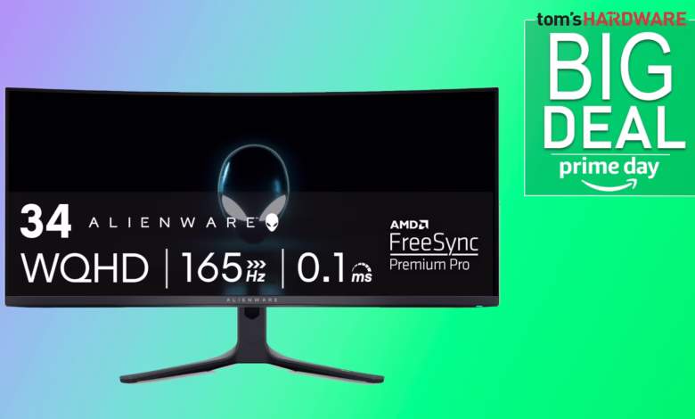 Alienware 34-inch WQHD monitor, 165Hz refresh rate, 0.1ms response time, AMD FreeSync Premium Pro, Prime Day deal.