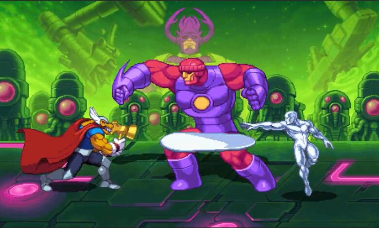 Marvel characters Thor, Silver Surfer, and Master Mold battle in a pixel art scene.