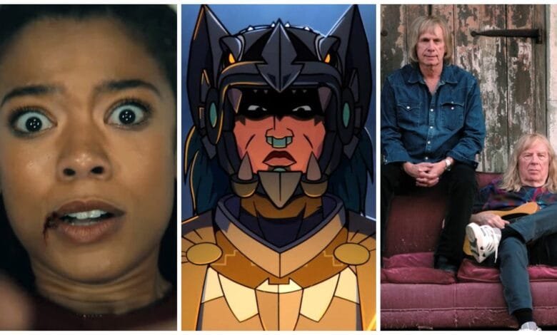 A collage featuring a terrified woman, an animated warrior, and the rock duo The Doobie Brothers.