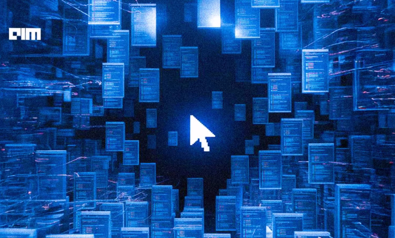 A white computer cursor floats in the center of a dense, blue field of code snippets, suggesting navigation through a vast digital landscape.