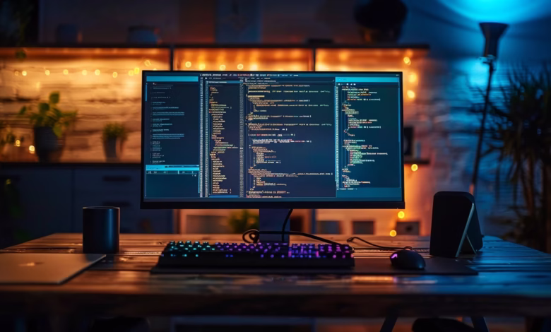 A computer screen displays lines of code in a dimly lit room. A keyboard and mouse sit on a wooden desk.