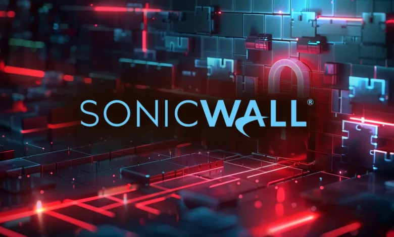 SonicWall logo displayed on an abstract background of red and blue glowing blocks and lines.