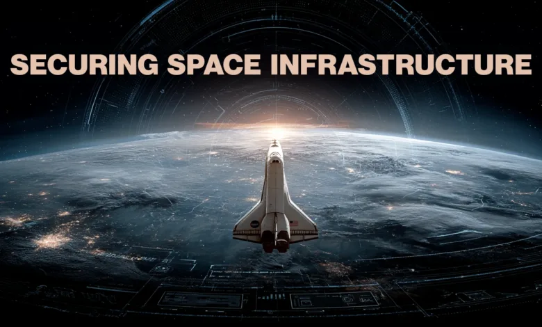 Space shuttle approaching Earth, futuristic HUD overlay displays data streams and 'Securing Space Infrastructure' title.