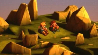 Two cartoon children sit amidst stylized rock formations on a grassy hilltop, bathed in warm sunset light.