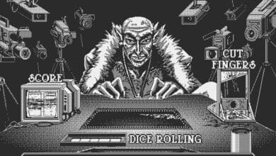 Pixel art of a sinister-looking figure at a table surrounded by cameras, a guillotine, and a 'Dice Rolling' display.