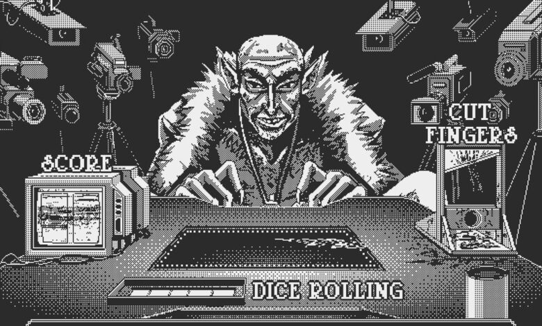 Pixel art of a sinister-looking figure at a table surrounded by cameras, a guillotine, and a 'Dice Rolling' display.