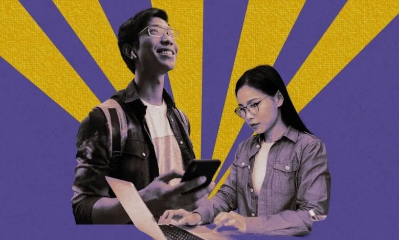 Two students, a man and a woman, work together on a laptop and phone against a vibrant purple and gold background.